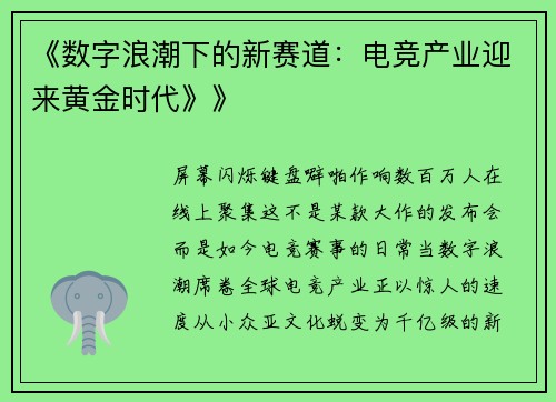 《数字浪潮下的新赛道：电竞产业迎来黄金时代》》